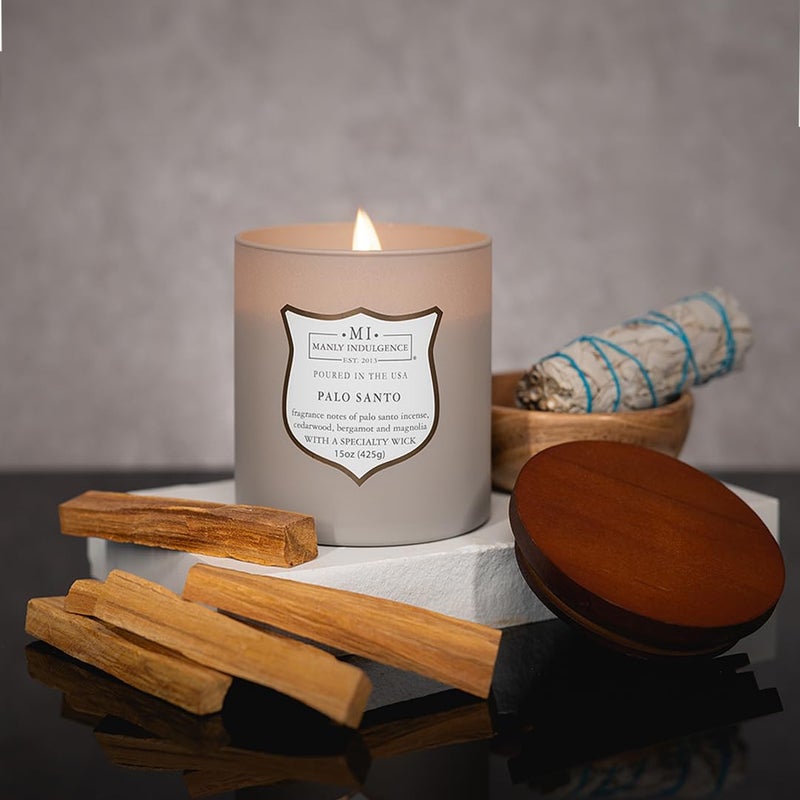 Manly Indulgence Palo Santo Scented Candles for Men, 15 oz Wooden Wick, Premium Soy Blend Wax, 60H Burn, Candles for Home Scented - Made in The USA - Image 3
